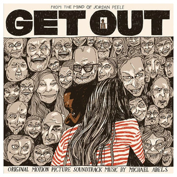 Movie poster for 'Get Out' with a woman in a striped shirt surrounded by faces, from the mind of Jordan Peele.